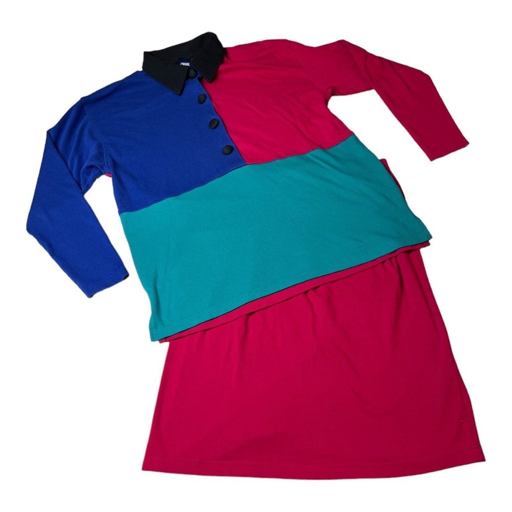 Lands End Cotton Midi Skirt And Top Set Colorblock Vintage 80’s 90’s Medium
